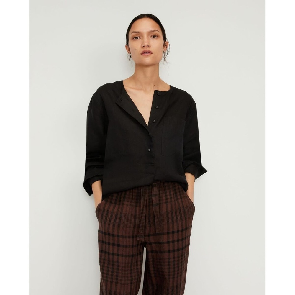 Everlane Womens The Linen Popover Shirt Oversized Pocket Black- Size 14